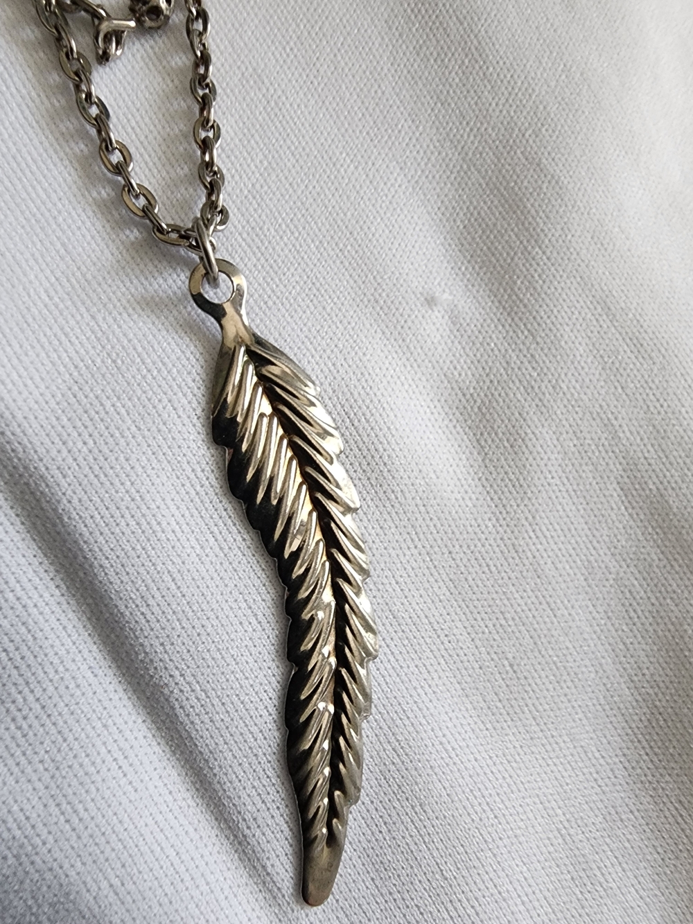 Silver Like Feather Pendant Necklace - Sculpted Detail